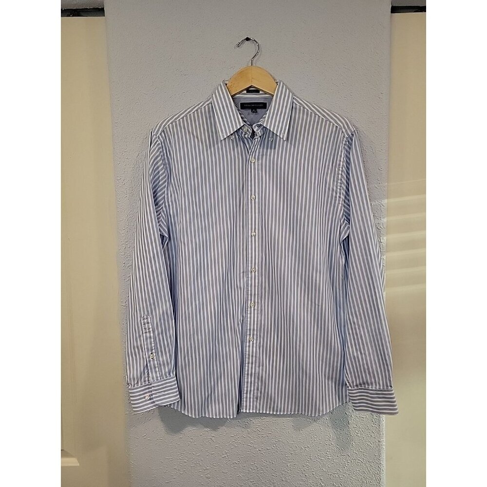 Tommy Hilfiger Button Down Shirt Mens Blue/White Stripes Long Sleeve Classic 16